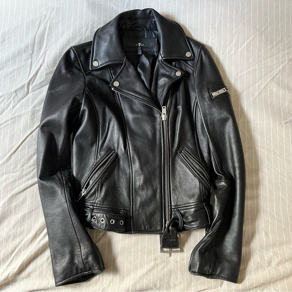 7 for all mankind Black Leather Biker Jacket XS